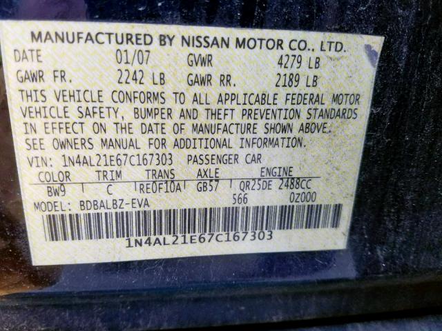 1N4AL21E67C167303 - 2007 NISSAN ALTIMA 2.5 BLUE photo 10