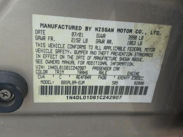 1N4DL01D81C242907 - 2001 NISSAN ALTIMA XE TAN photo 10