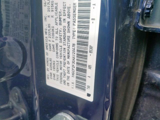 1HGCP2F30AA120478 - 2010 HONDA ACCORD LX BLUE photo 10