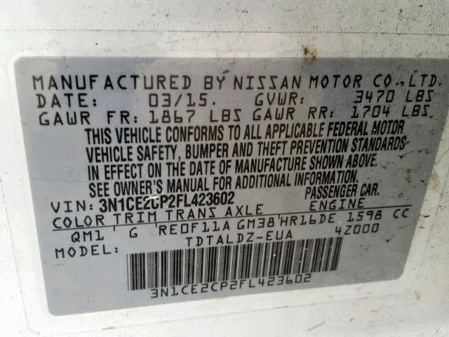 3N1CE2CP2FL423602 - 2015 NISSAN VERSA NOTE WHITE photo 10