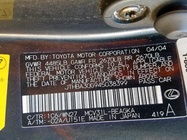 JTHBA30G945038399 - 2004 LEXUS ES 330 BLACK photo 10