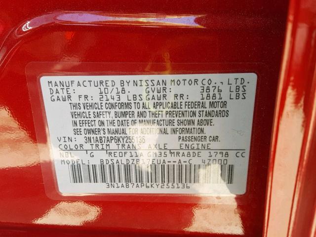 3N1AB7AP6KY255136 - 2019 NISSAN SENTRA S RED photo 10