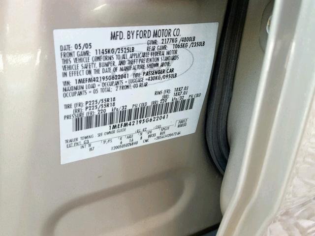 1MEFM42195G622041 - 2005 MERCURY MONTEGO PR ოქროსფერი ფოტო 10