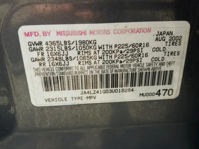 JA4LZ41G03U018284 - 2003 MITSUBISHI OUTLANDER TURQUOISE photo 10