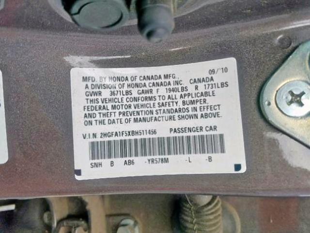 2HGFA1F5XBH511456 - 2011 HONDA CIVIC LX 灰色 照片 10