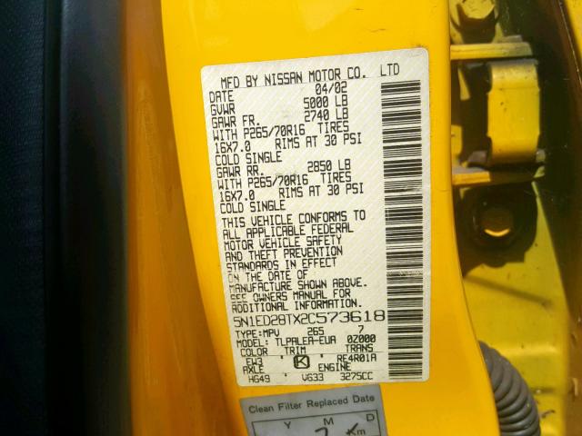 5N1ED28TX2C573618 - 2002 NISSAN XTERRA XE YELLOW photo 10