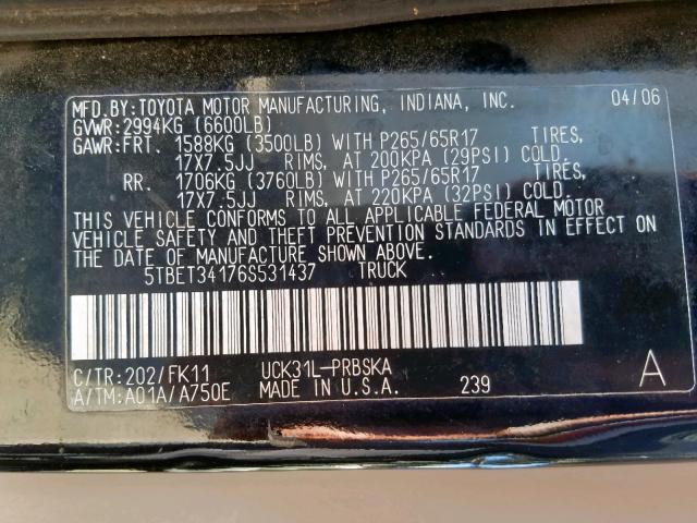 5TBET34176S531437 - 2006 TOYOTA TUNDRA DOUBLE CAB SR5  photo 10
