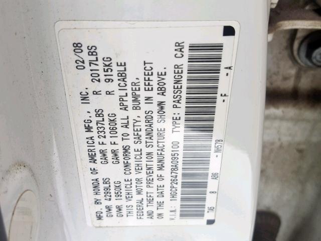 1HGCP26478A095100 - 2008 HONDA ACCORD LXP WHITE photo 10