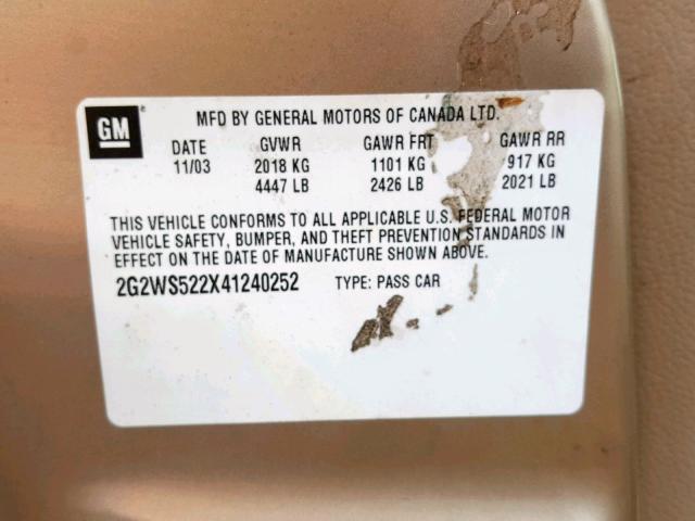 2G2WS522X41240252 - 2004 PONTIAC GRAND PRIX GOLD photo 10