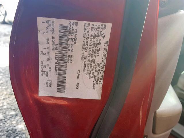 1FAFP5525YG138008 - 2000 FORD TAURUS SES RED photo 10