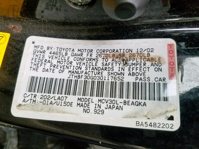 JTHBF30G030117652 - 2003 LEXUS ES 300 BLACK photo 10