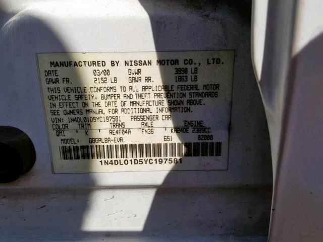 1N4DL01D5YC197581 - 2000 NISSAN ALTIMA XE WHITE photo 10