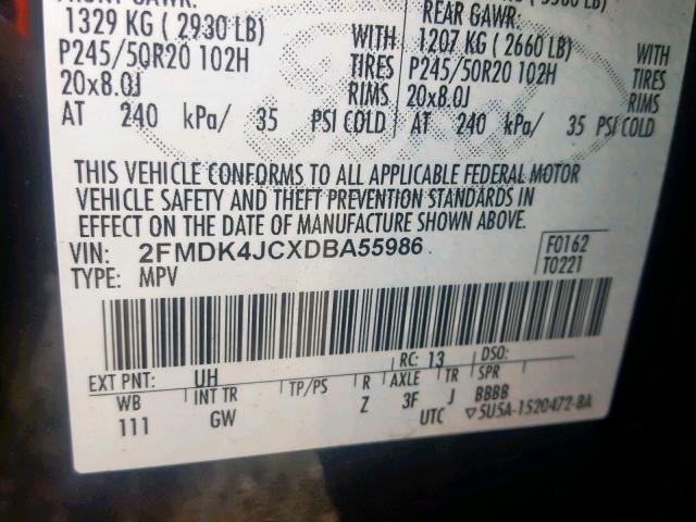 2FMDK4JCXDBA55986 - 2013 FORD EDGE SEL BLACK photo 10