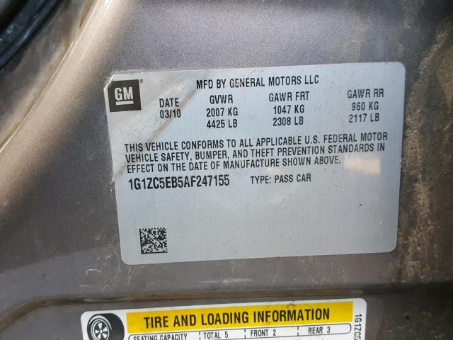 1G1ZC5EB5AF247155 - 2010 CHEVROLET MALIBU 1LT BROWN photo 10