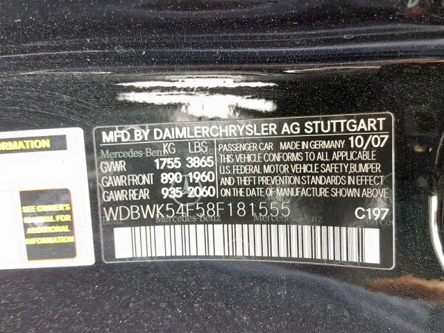 WDBWK54F58F181555 - 2008 MERCEDES-BENZ SLK 280 BLACK photo 10