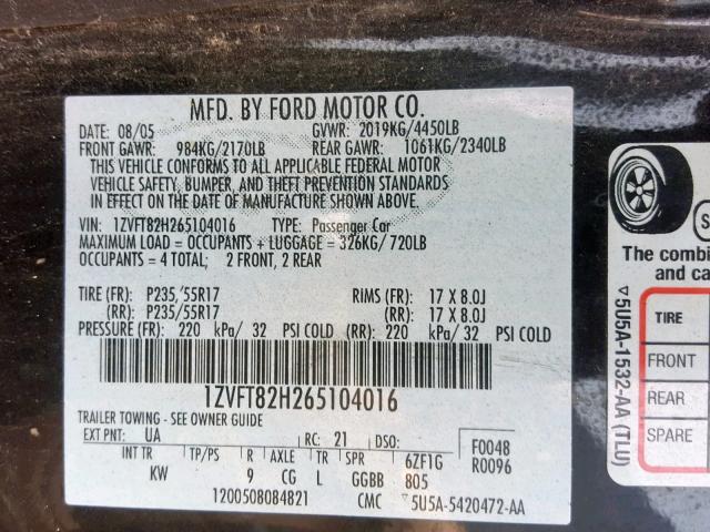 1ZVFT82H265104016 - 2006 FORD MUSTANG GT BLACK photo 10