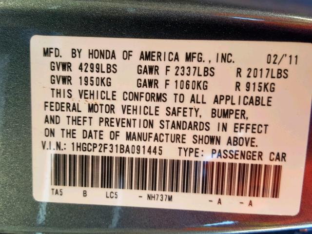 1HGCP2F31BA091445 - 2011 HONDA ACCORD LX GRAY photo 10