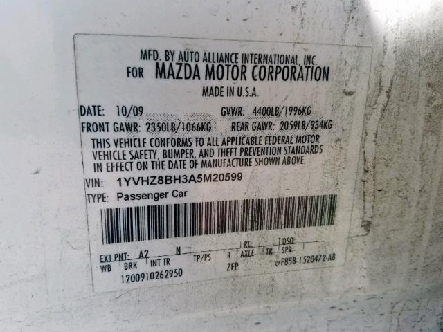 1YVHZ8BH3A5M20599 - 2010 MAZDA 6 I WHITE photo 10