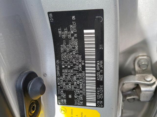 JTEDD21A770162884 - 2007 TOYOTA HIGHLANDER SILVER photo 10