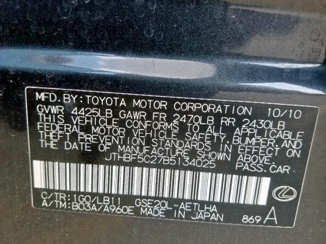 JTHBF5C27B5134025 - 2011 LEXUS IS 250 GRAY photo 10