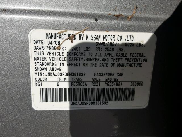 JNKAJ09F08M361692 - 2008 INFINITI EX35 BASE SILVER photo 10