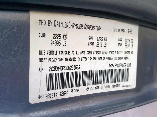 2C3KA43R96H221533 - 2006 CHRYSLER 300 BLUE photo 10