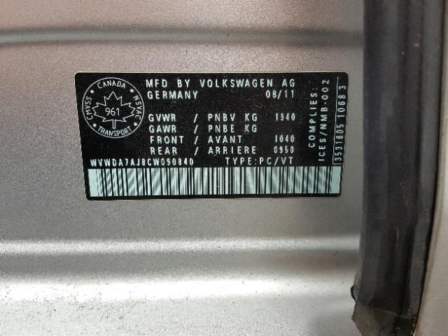 WVWDA7AJ8CW090840 - 2012 VOLKSWAGEN GOLF 银色 照片 10