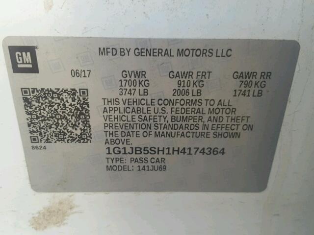 1G1JB5SH1H4174364 - 2017 CHEVROLET SONIC LS 白色 照片 10