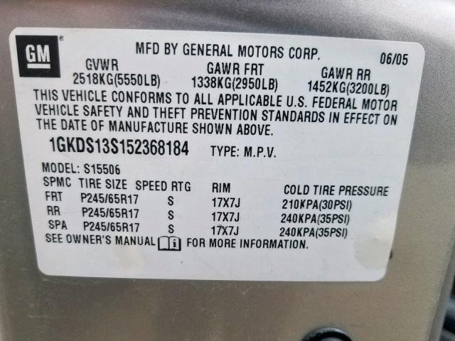 1GKDS13S152368184 - 2005 GMC ENVOY SILVER photo 10