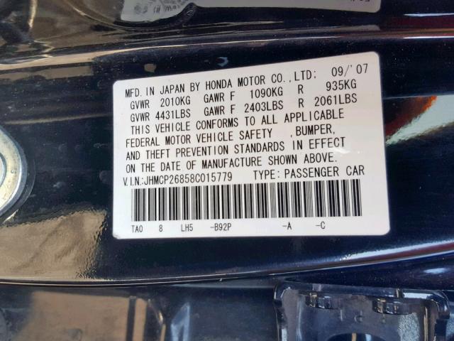 JHMCP26858C015779 - 2008 HONDA ACCORD EXL BLACK photo 10