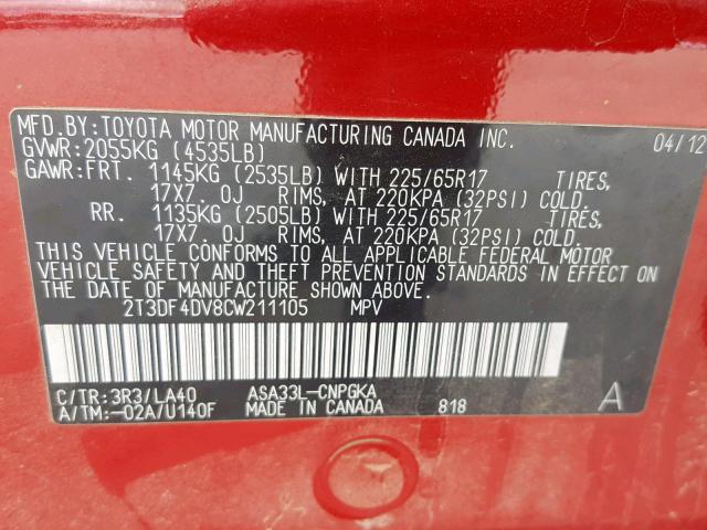 2T3DF4DV8CW211105 - 2012 TOYOTA RAV4 LIMIT RED photo 10