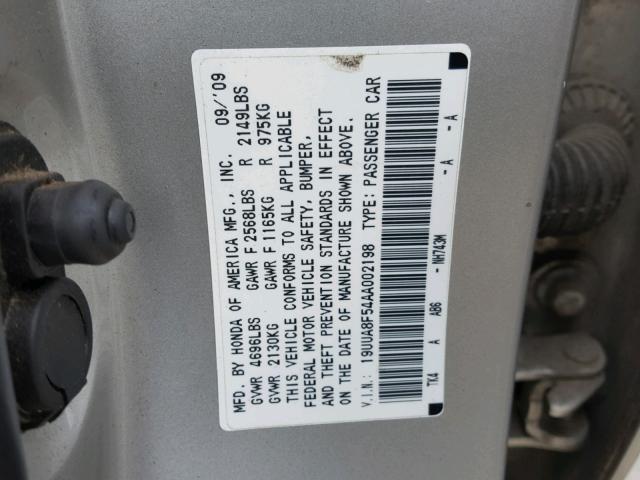 19UUA8F54AA002198 - 2010 ACURA TL SILVER photo 10