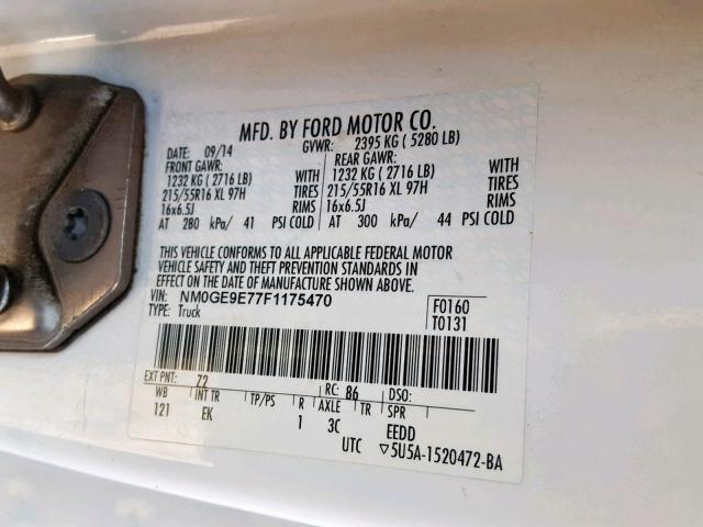 NM0GE9E77F1175470 - 2015 FORD TRANSIT CO WHITE photo 10