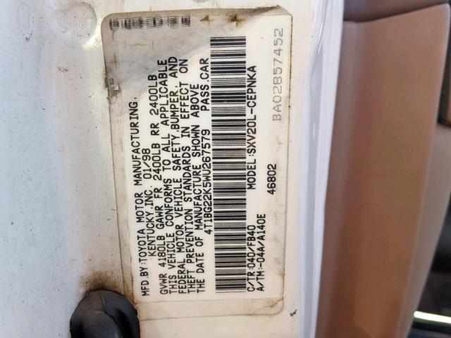 4T1BG22K5WU267579 - 1998 TOYOTA CAMRY CE WHITE photo 10