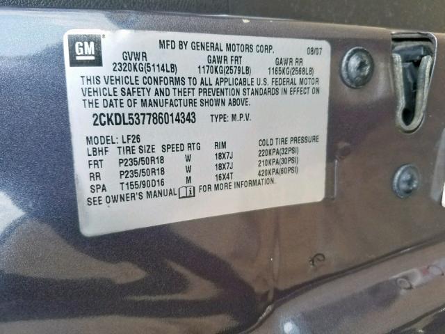 2CKDL537786014343 - 2008 PONTIAC TORRENT GX GRAY photo 10