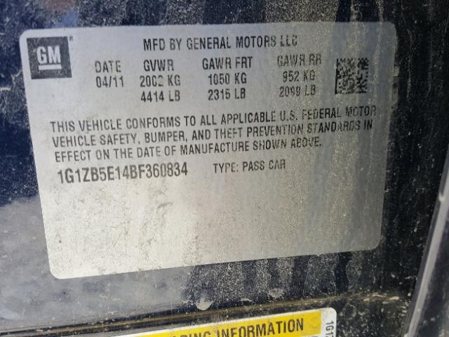 1G1ZB5E14BF360834 - 2011 CHEVROLET MALIBU LS 蓝色 照片 10