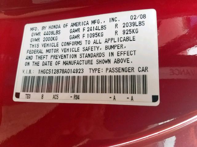 1HGCS12878A014923 - 2008 HONDA ACCORD EXL RED photo 10