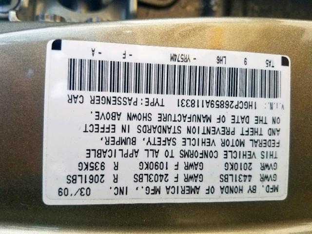 1HGCP26859A118331 - 2009 HONDA ACCORD EXL GOLD photo 10