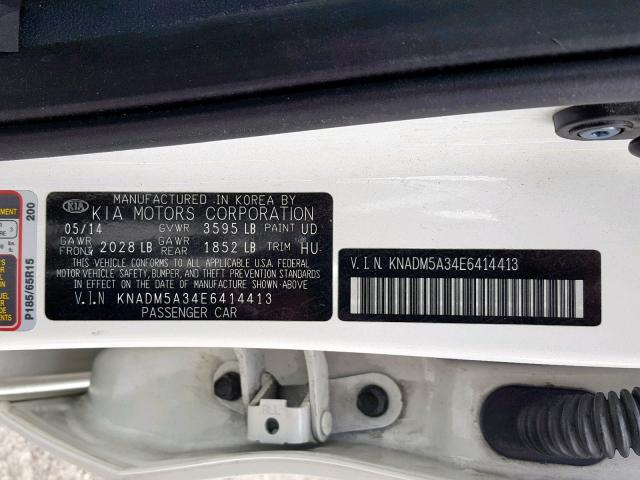 KNADM5A34E6414413 - 2014 KIA RIO LX WHITE photo 10