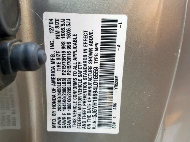 5J6YH18694L016559 - 2004 HONDA ELEMENT EX TAN photo 10