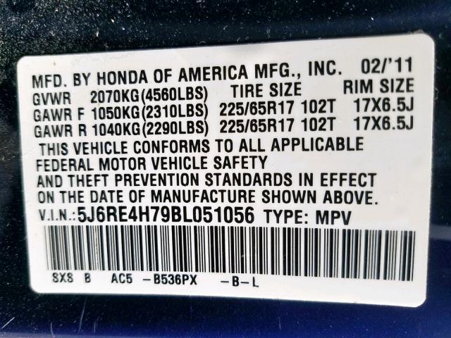 5J6RE4H79BL051056 - 2011 HONDA CR-V EXL BLUE photo 10