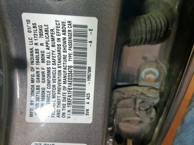 19XFA1F61AE033476 - 2010 HONDA CIVIC LX-S Gris foto 10