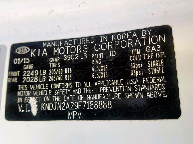 KNDJN2A29F7188888 - 2015 KIA SOUL WHITE photo 10