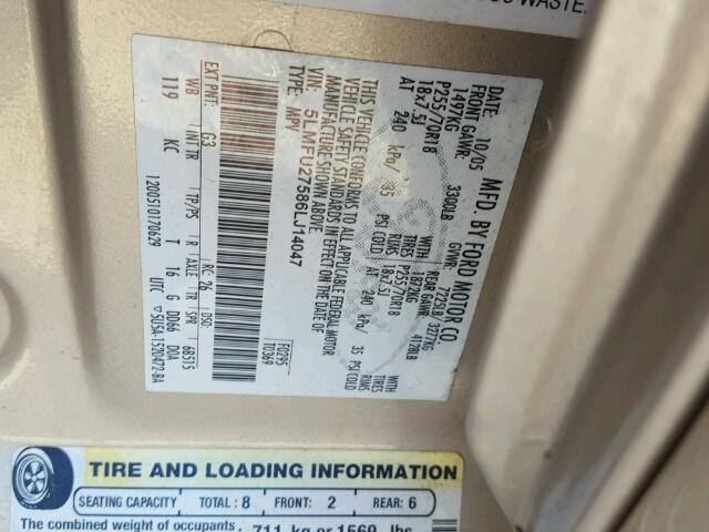 5LMFU27586LJ14047 - 2006 LINCOLN NAVIGATOR ოქროსფერი ფოტო 10