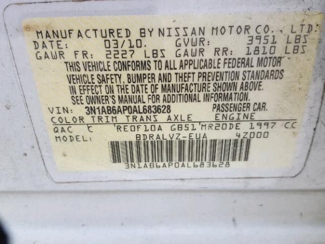 3N1AB6AP0AL683628 - 2010 NISSAN SENTRA 2.0 WHITE photo 10