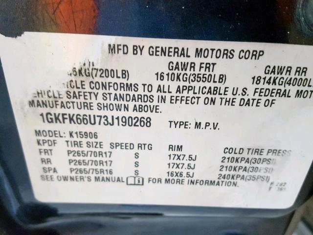 1GKFK66U73J190268 - 2003 GMC YUKON XL D CHARCOAL photo 10