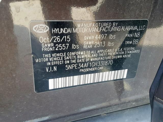 5NPE34AF1GH331870 - 2016 HYUNDAI SONATA SPO BROWN photo 10