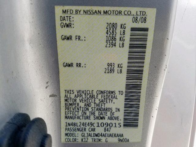 1N4BL24E49C109015 - 2009 NISSAN ALTIMA 3.5 GRAY photo 10