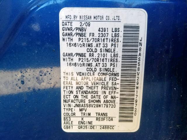 JN8AS58V29W179720 - 2009 NISSAN ROGUE S BLUE photo 10