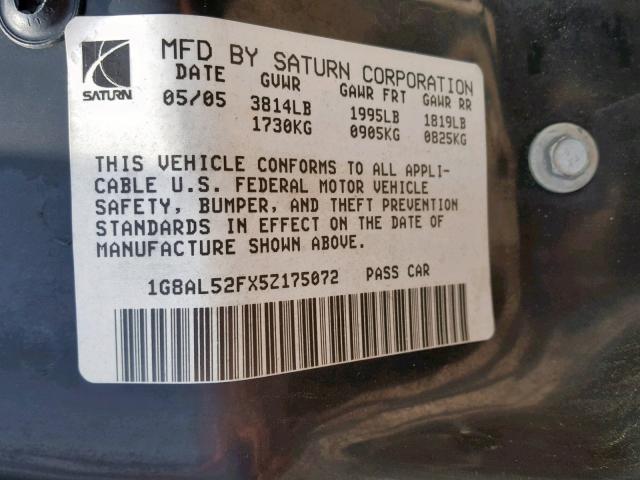 1G8AL52FX5Z175072 - 2005 SATURN ION LEVEL GRAY photo 10